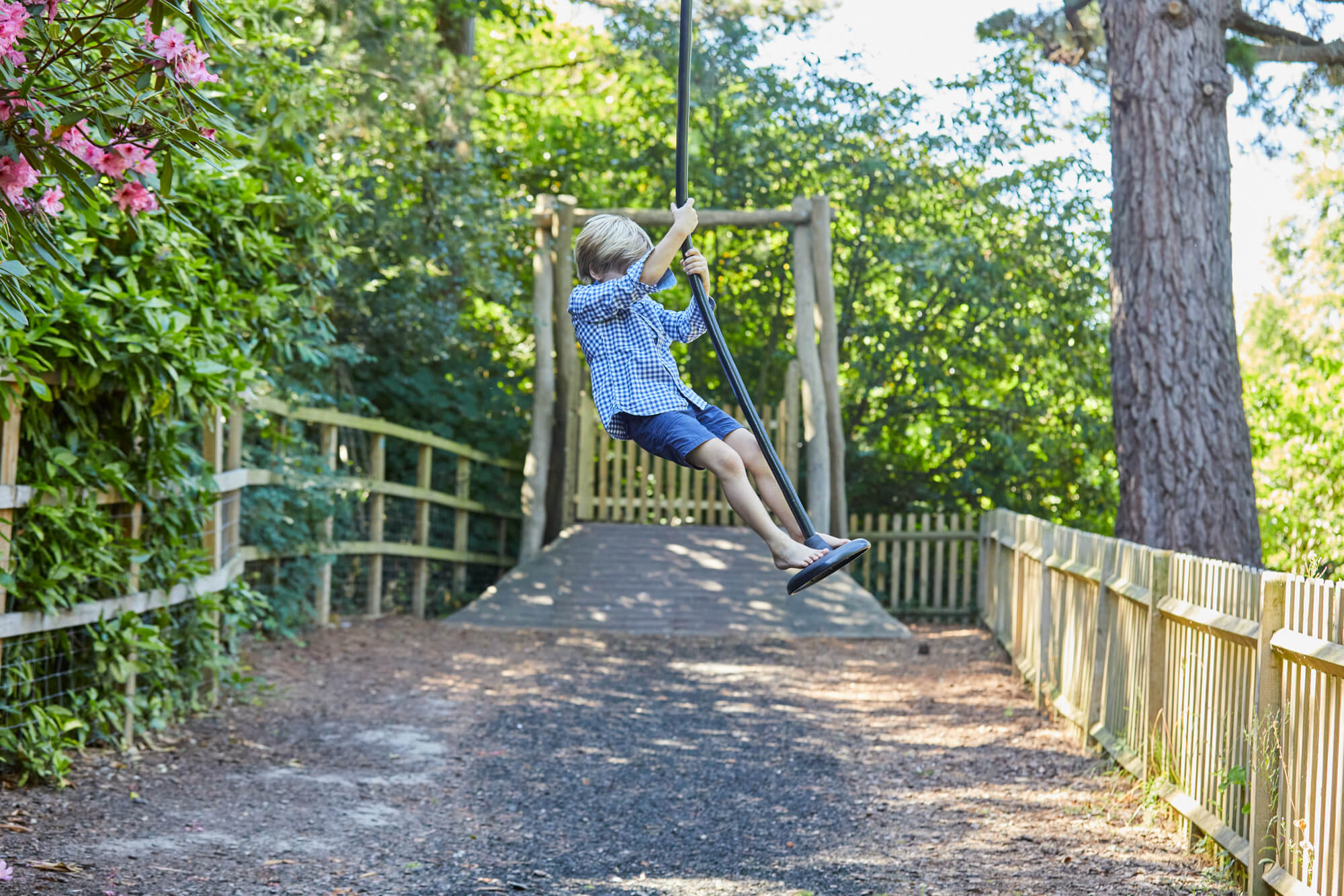 A child on the zip wire in the Advenure Playground at Borde Hill.