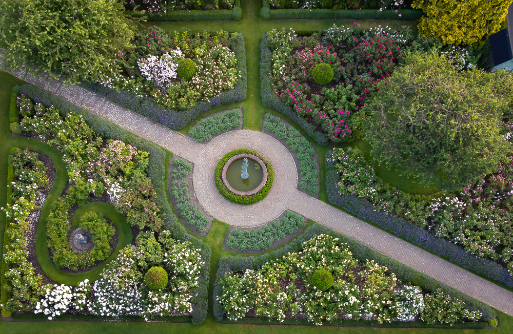Aerial view of Jay Robin's Rose Garden at Borde Hill.